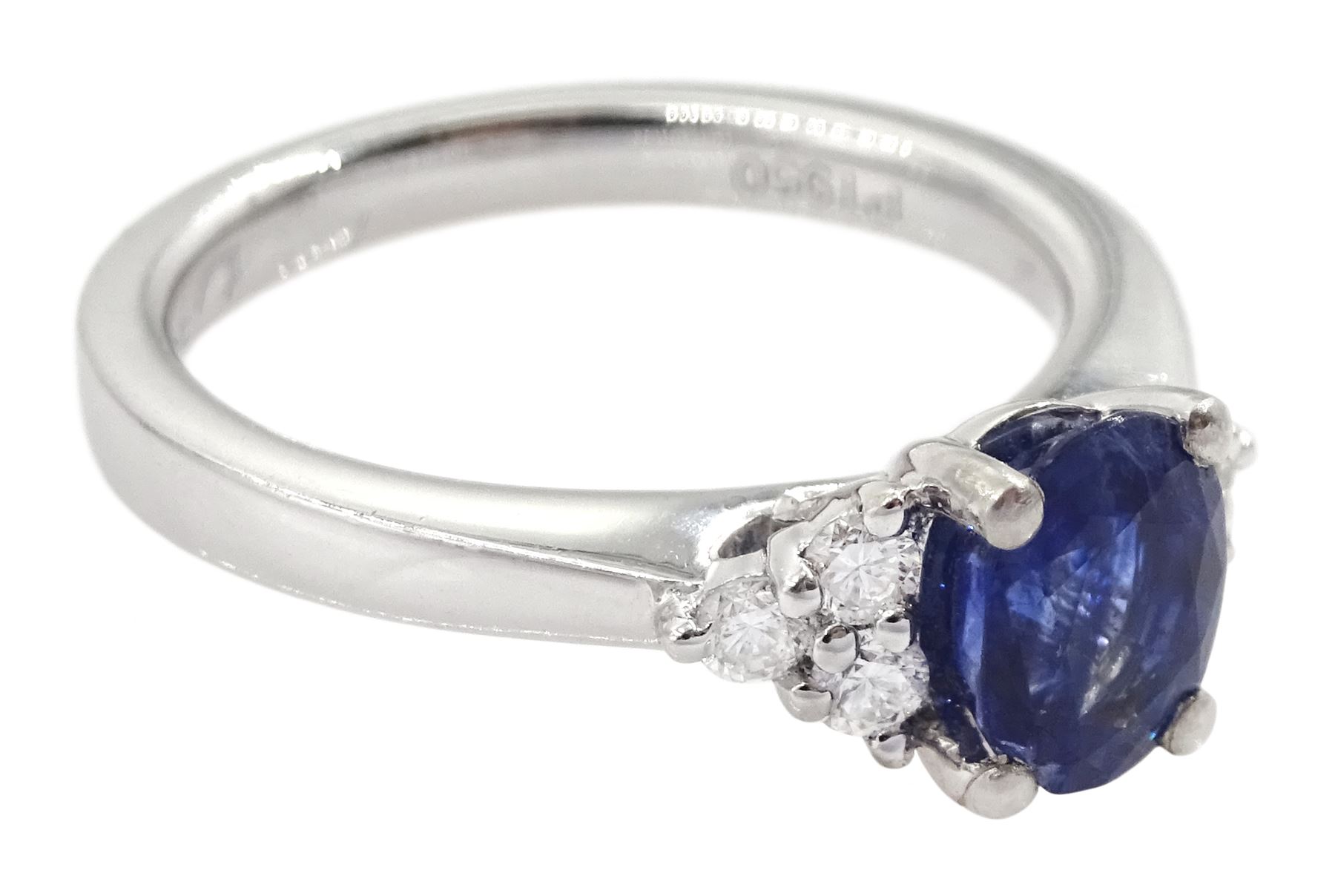 Platinum oval cut sapphire and six stone round brilliant cut diamond ring, hallmarked, sapphire approx 0.90 carat
