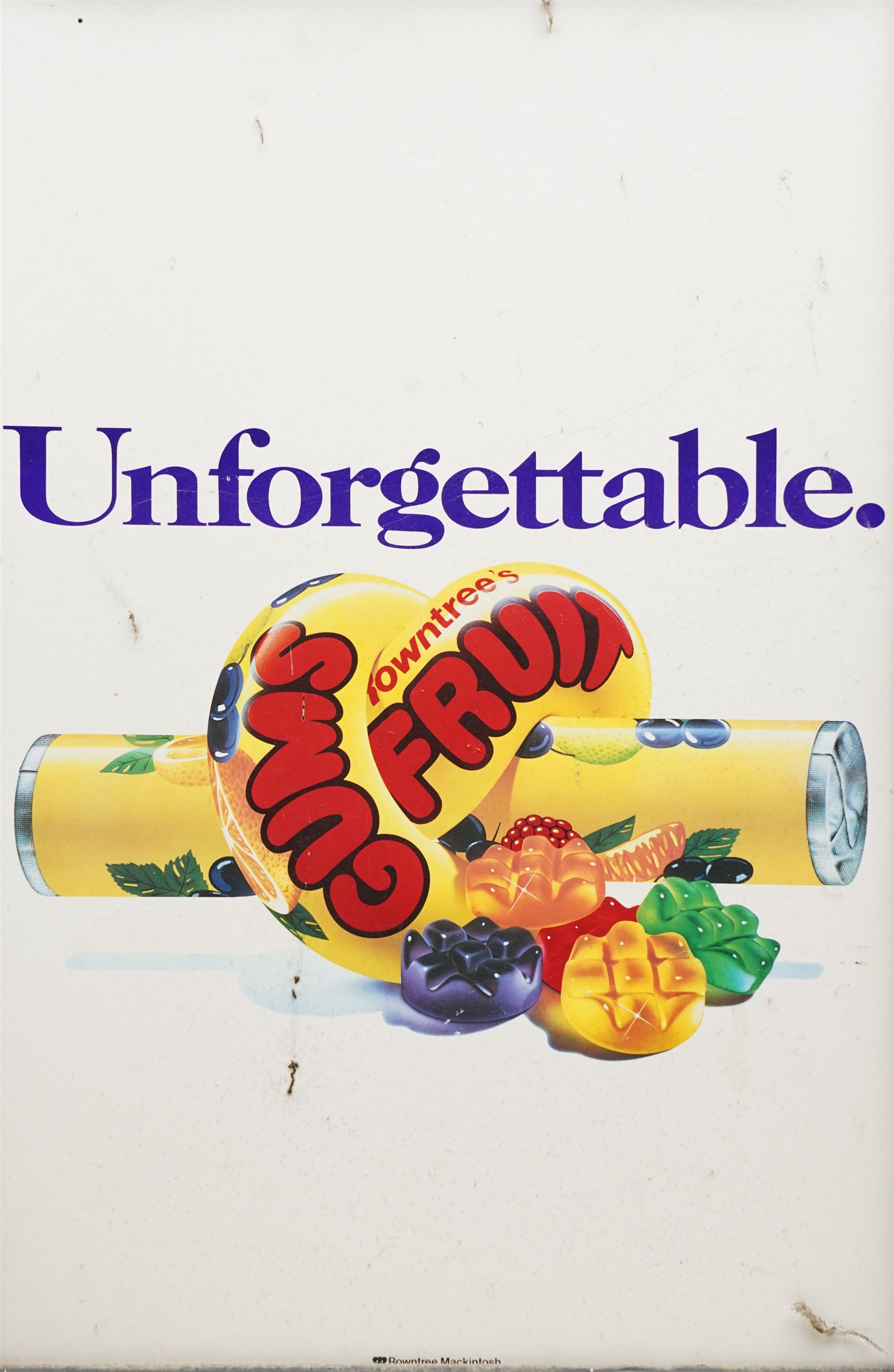 Original Rowntree Mackintosh (Rowntrees) advertising poster for Fruit Gums - 'Unforgettable', colour poster 50cm x 33cm
Provenance: from the personal collection of David Lamb, former advertising manager at Rowntree Mackintosh, York