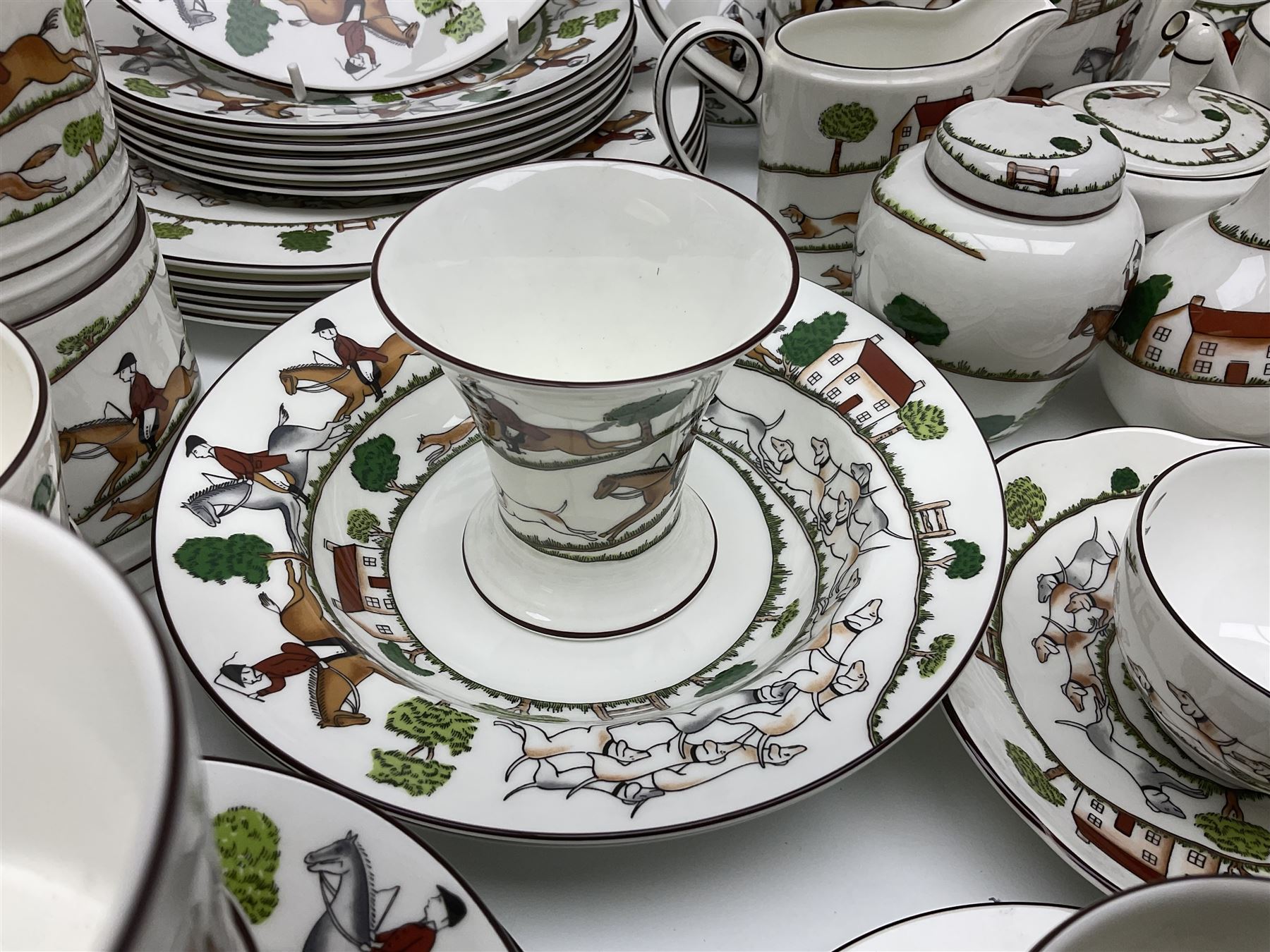 Wedgwood Hunting Scenes dinner and tea service for ten, to include dinner plates, side plates, dessert plates, cups and saucers, mugs, two large teapots, two milk jugs, etc, together with matching items by coalport and Staffordshire (94)
