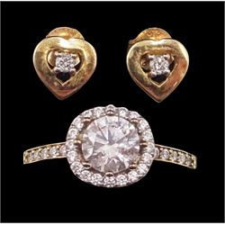 Pair of 9ct gold round brilliant cut diamond heart shaped stud earrings, stamped 375 and a 9ct gold cubic zirconia dress ring, hallmarked