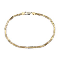 18ct white and yellow gold bead and rectangular link bracelet, stamped 750