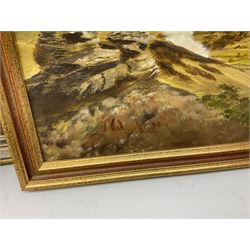 Hector Fraser (British 20th century): 'River Meadow', oil on board signed and dated 1973 together with two similar oils by different hands max 40cm x 60cm (3)