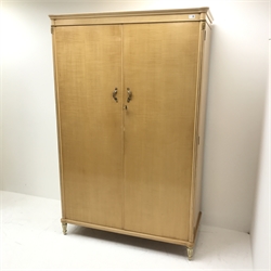 Mid 20th century maple double wardrobe, two doors enclosing fitted interior, turned reeded tapering supports, W124cm, H193cm, D59cm