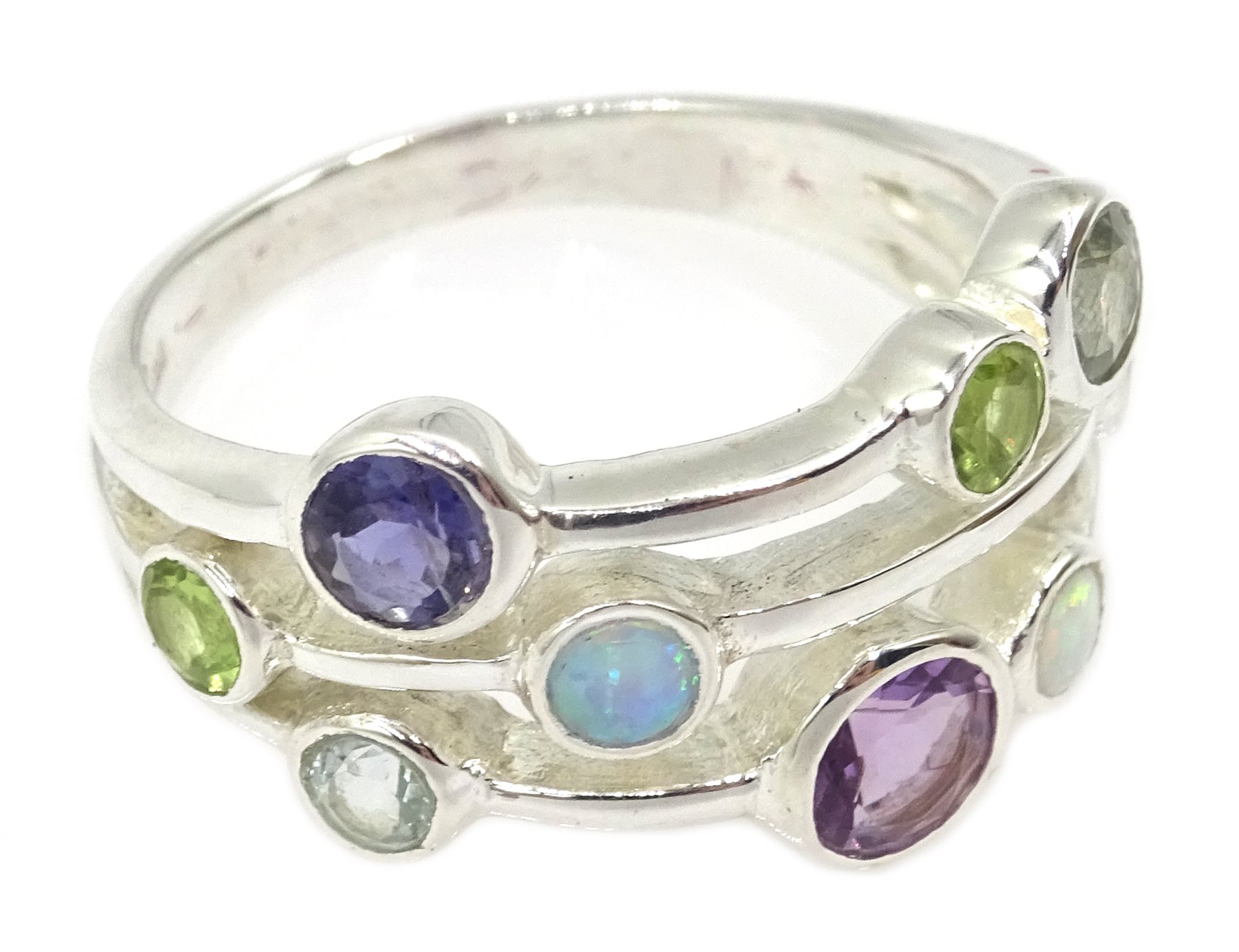 Silver opal, aquamarine, peridot, sapphire and amethyst ring, stamped 925
