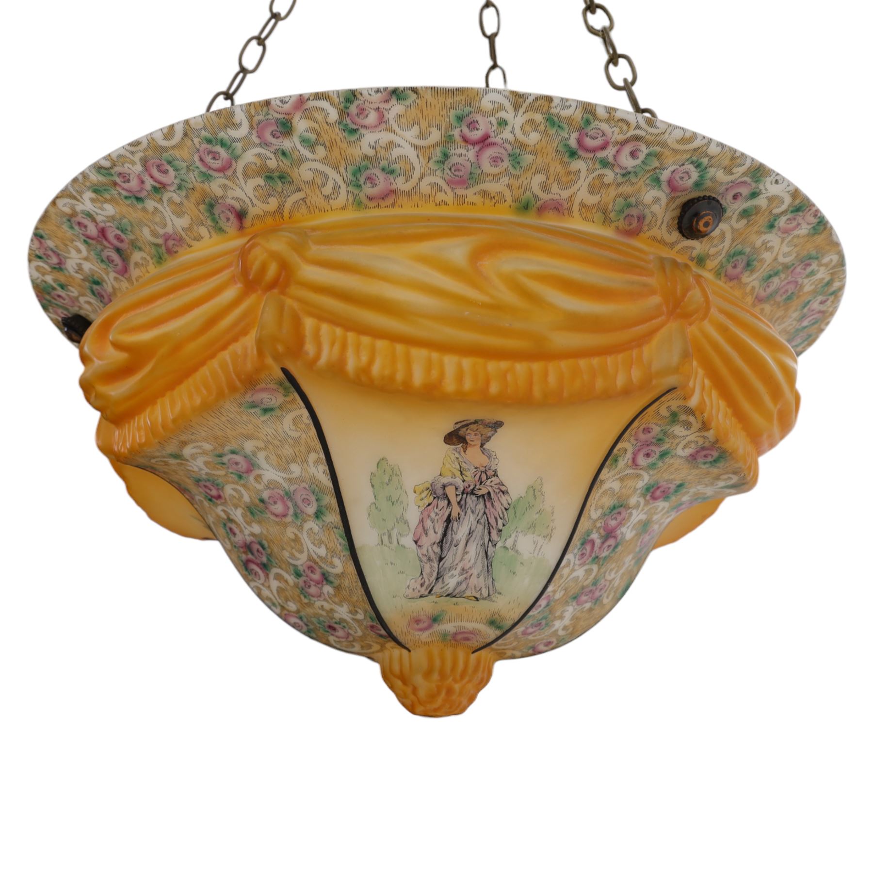  Early 20th century painted glass ceiling light fitting, the domed shade decorated with figural panels alternating with scrolling foliate and floral reserves, centred by a moulded knop finial, in amber and pastel tones