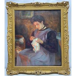 WITHDRAWN at the request of the vendor's family - 
Sir Hubert Von Herkomer RA RWS CVO (British 1849-1914): 'In the Nursery' - Girl Sewing by the Fireside, oil on canvas signed with initials and dated 1879, further signed and inscribed 'Bushey Herts' verso 60cm x 50cm 
Provenance: purchased by the vendor's parents from Wrawby Moor Art Gallery Ltd, Brigg in the 1980s, sold with an undated receipt