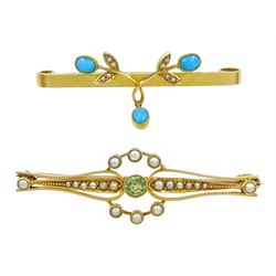 Edwardian gold peridot and split pearl brooch and a gold turquoise and seed pearl brooch, both stamped 15ct, boxed