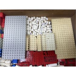 Lego - quantity of loose sections including various size blocks, base plates, windows, axles with wheels, alphabet/number blocks etc; in wooden box