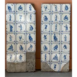 Pair of 18th century Delft tile panels, on later concrete backs. 93cm x 37cm.