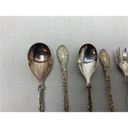 Set of four Continental silver spoons and forks, with stylised terminals, a number stamped S800, approximate weight 88.4 grams