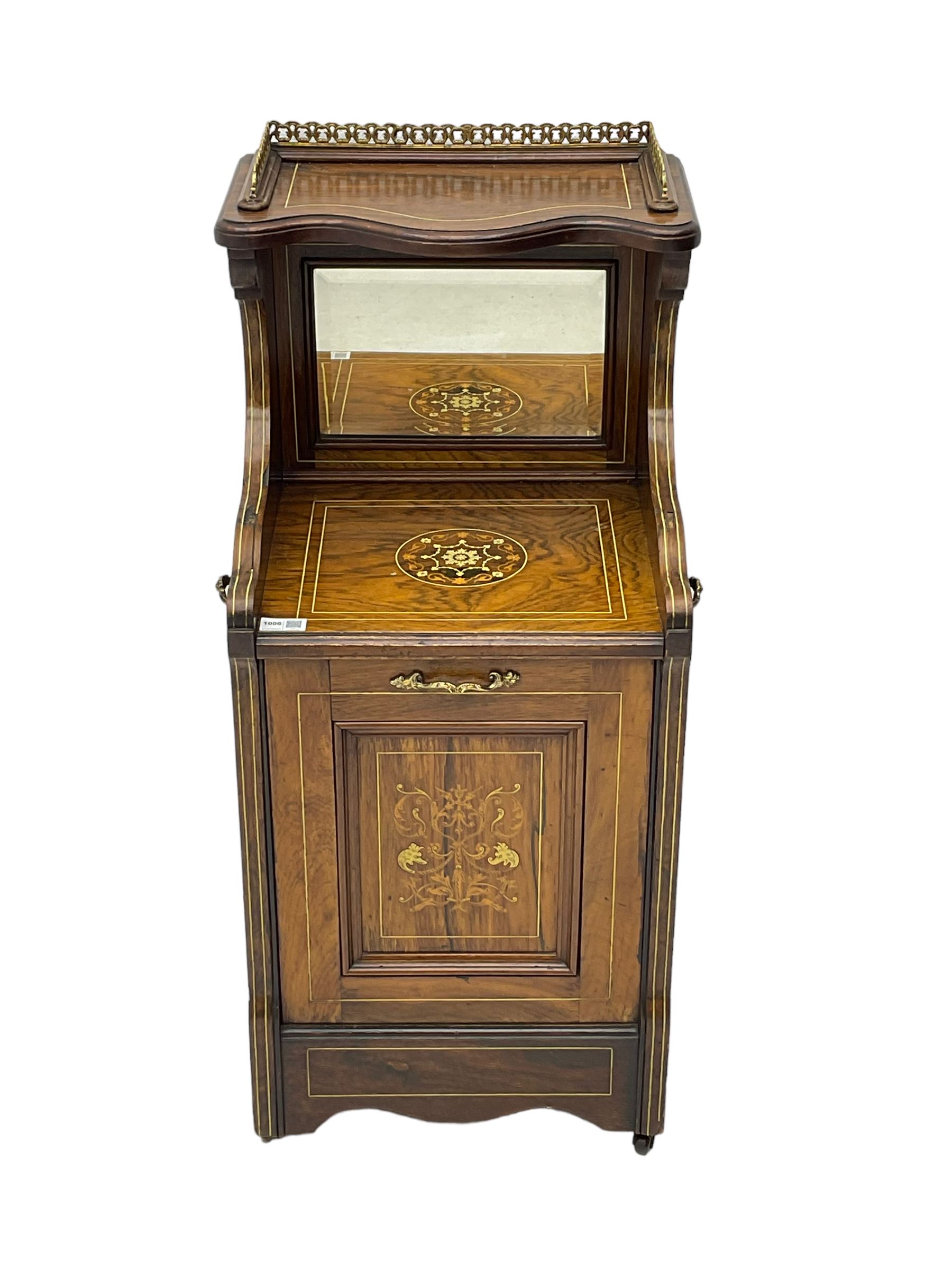 Edwardian inlaid rosewood  fall-front coal purdonium serpentine top with raised fretwork gallery, over bevelled mirror-back, the panelled fall-front door inlaid with foliate patterned ivorine and boxwood, on castors