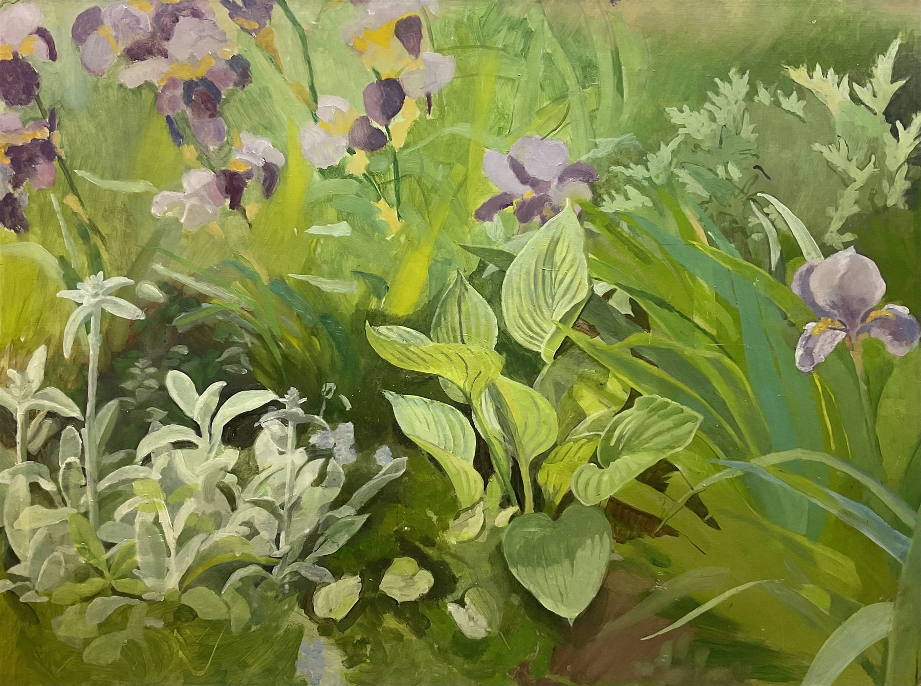 Harriet Dell nee Crossley (British 1945-): Purple Flowers, acrylic and oil on board unsigned, attributed on label verso 60cm x 80cm