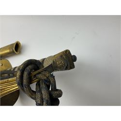 WW1 George V era 1827 Pattern Royal Naval Officer’s sword, the 80cm fullered steel blade decorated with crown, fouled anchor etc and marked Gieves Portsmouth London Edinburgh Devonport to the ricasso, gilded hilt with fouled anchor and crown, wire-bound ray skin grip, lion’s head pommel with mane backstrap, folding/locking langet and full bullion knot; in  leather scabbard having twin brass lockets with hand engraved panels and twin suspension rings L94cm overall. Provenance: By direct family descent from Brian Heathcote HMS Conqueror later Superintendant in the Liverpool Special Constabulary.