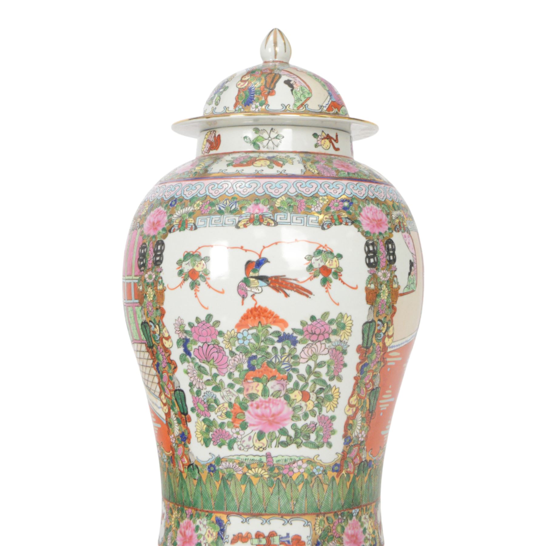 Chinese Canton famille rose vase and cover, of baluster form decorated with figural and floral scenes, within a gilt border, H50cm 