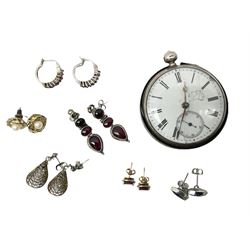 Pair of 9ct gold ruby stud earrings, pair of silver pink cabochon pendant earrings, four other pairs of earrings and a silver pocket watch 