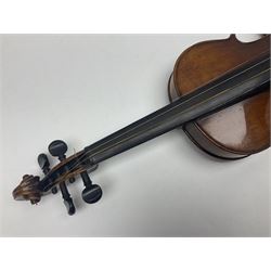 German trade violin c1900 with 35.5cm two-piece maple back and spruce top; bears label 'Made in Germany Apollo Class 6 No.2132' L59cm; in carrying case with two bows