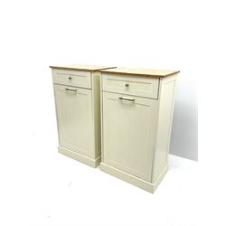 Pair kitchen side units, single short drawer and fall front cupboard, platform base 