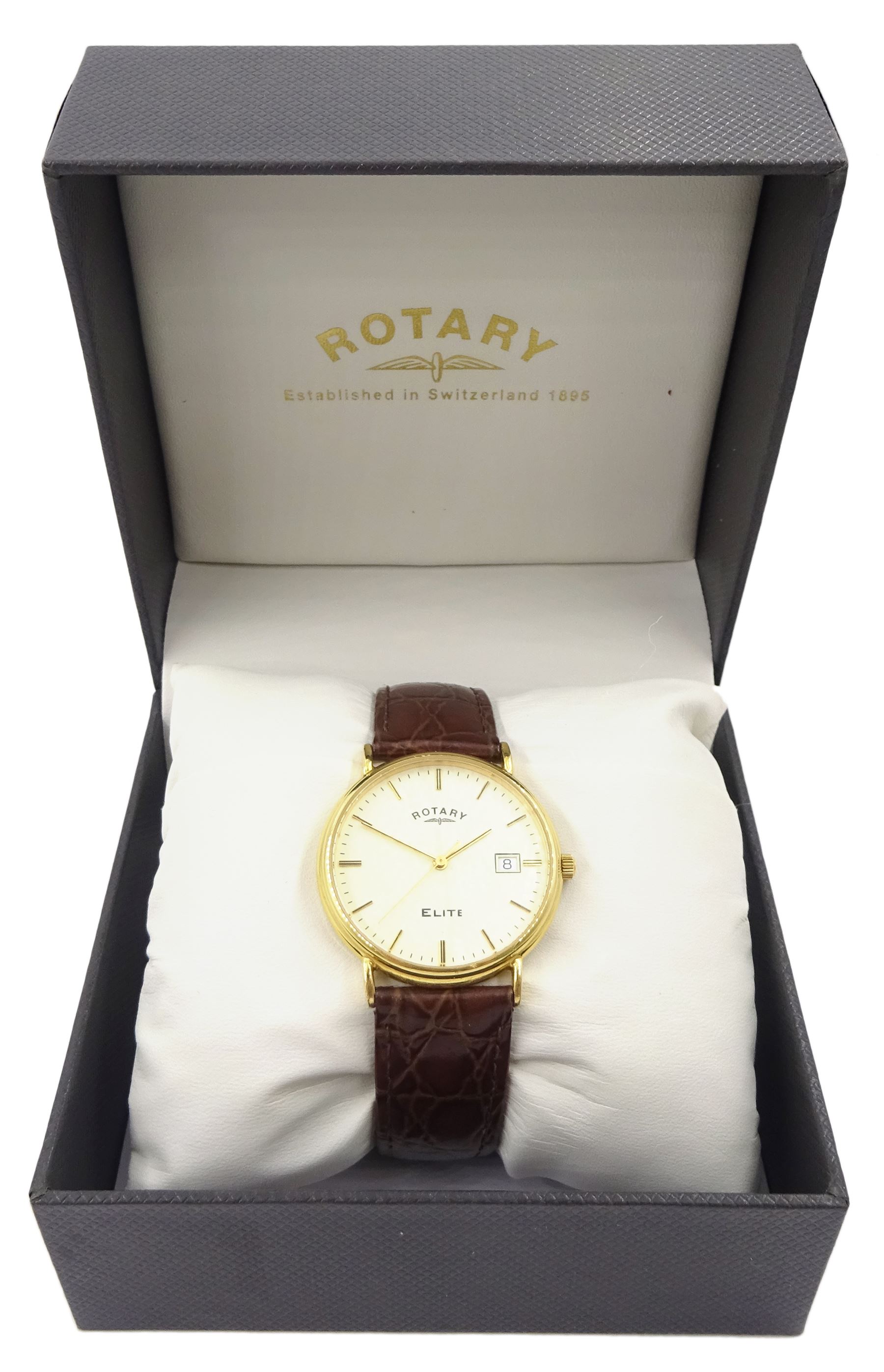 Rotary Elite gentleman s 18ct gold quartz wristwatch hallmarked on brown leather strap boxed Jewellery Watches