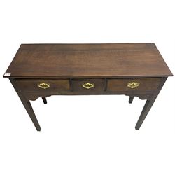 Early 20th century Georgian design oak console table, rectangular top over three drawers with brass handle plates, on square tapering supports