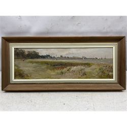 W Keeland (British 20th Century): Coastal Town, oil on board signed 15cm x 47cm; William 'Bill' Wedgwood (British c1934-2019): Ravenscar from Robin Hoods Bay, watercolour signed, max 15cm x 47cm (2)