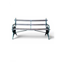 Coalbrookdale - Lily Pad design cast iron an wood slatted garden bench, late 19th century Aesthetic Movement, no. 217569, painted in green with iron centre support and seat stretcher, hardwood slatted