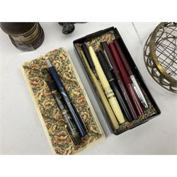 Pair of brass barley twist candlesticks, two Parker pen fountain pens to include gold nib example stamped 14K, other pens, silver plate, etc