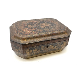 A 19th century black lacquer Chinese box, of rectangular form with canted corners, decorated in red and gilt with figures and pagodas, encased within a scrolling foliate border further detailed with birds and auspicious symbols, H15cm L35.5cm D26.5cm.