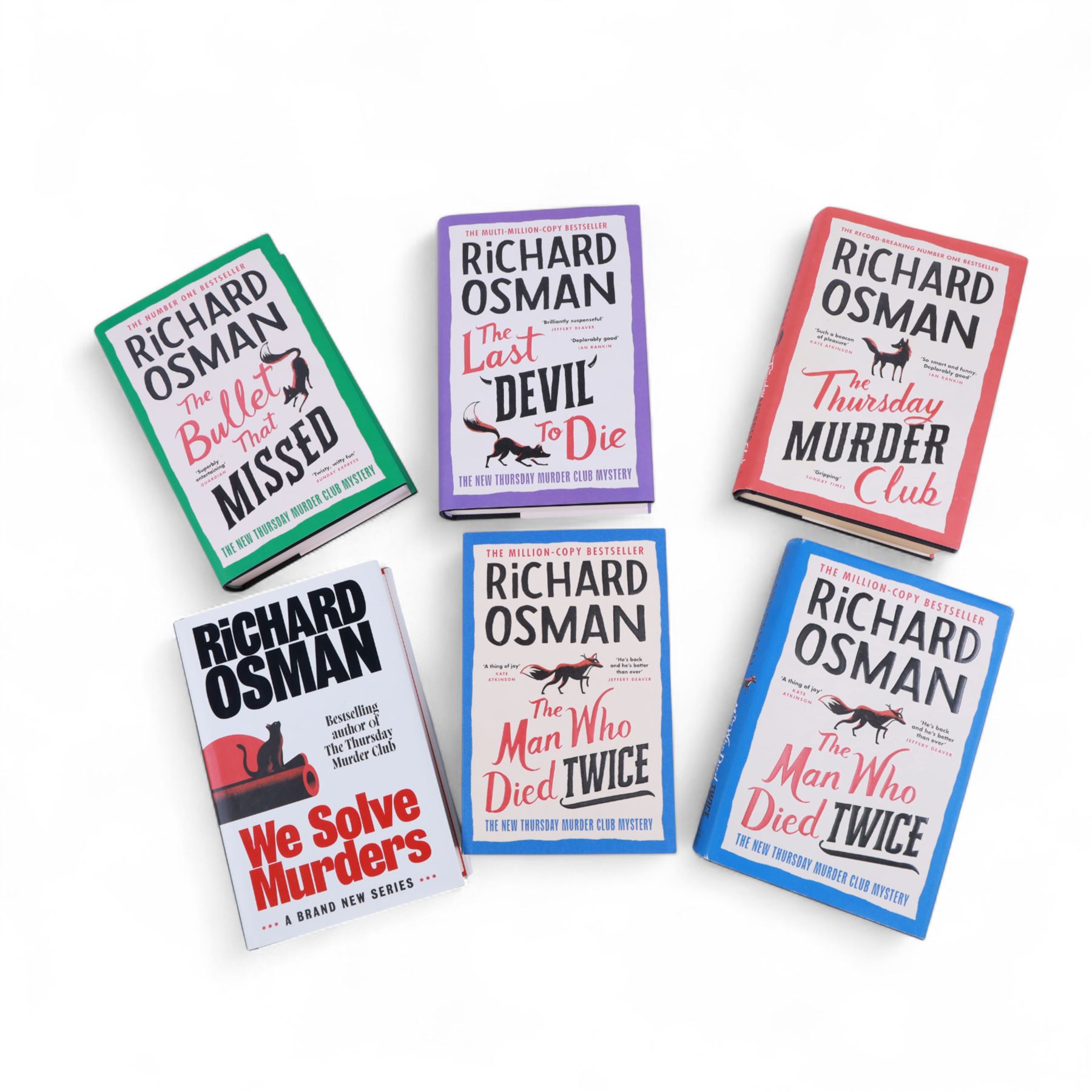 Eight first edition books, comprising signed Bob Mortimer 'And Away' autobiography, signed Richard Coles 'Murder Before Evensong' and six Richard Osman books, including 'The Thursday Murder Club' and 'The Last Devil To Die', with two Richard Osman signed bookplates