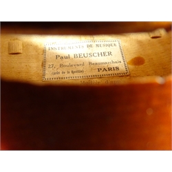  Early 20th century French three-quarter violin with 33.5cm two-piece maple back and ribs and spruce top, bears labels 'Modele d'apres Jean Baptiste Vuillaume a Paris 3 rue Demours-Ternes' and 'Instruments de Musique Paul BEUSCHER 27 Boulevard Beaumarchais Paris' L55cm overall, in carrying case with bow  
