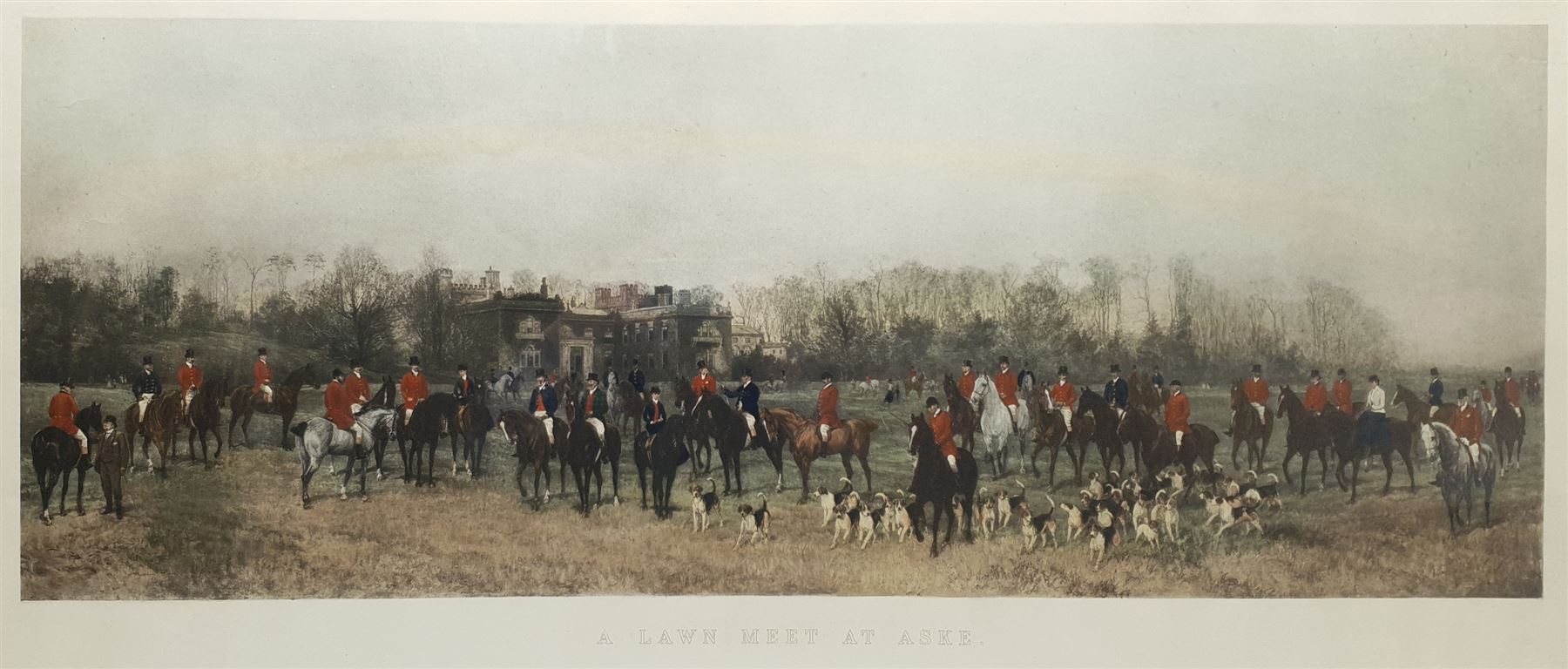 After Heywood Hardy (British 1842-1933): 'A Lawn Meet at Aske', hand-coloured lithograph 46cm x 103cm, together with a key to the riders depicted 9cm x 30cm (2)