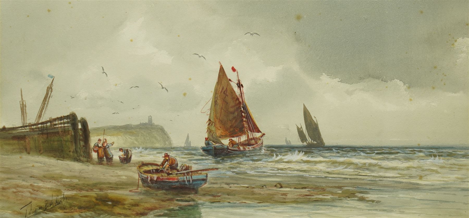 After Thomas Bush Hardy (British 1842-1897): Fisherman off the Whitby Coast, watercolour bearing signature 23cm x 49cm