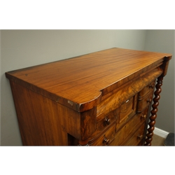  Large Victorian figured mahogany chest, hidden frieze drawer above seven drawers, barley twist pilasters, turned feet, W121cm, H149cm, D61cm  