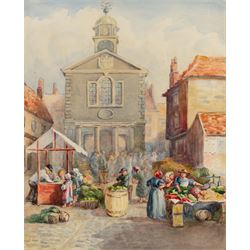 Thomas Swift Hutton (British 1860-1935): 'Tin Ghaut - Whitby', George Percy Bankart (British 1866-1929): ‘River Esk at Whitby’, Edith F Hillier (British 19th/20th Century): ‘The Market Place – Whitby'; together with other Whitby related watercolours variously signed and titled max 36.5cm x 26.5cm (6)