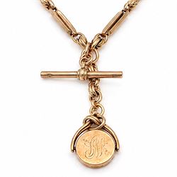Early 20th century 9ct rose gold fancy link Albert chain, with rose gold swivel fob, monogrammed with initials, Birmingham 1923 