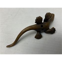 Six netsuke, modelled as a lizard, cricket, frog, bird on a flower, turtle and insect
