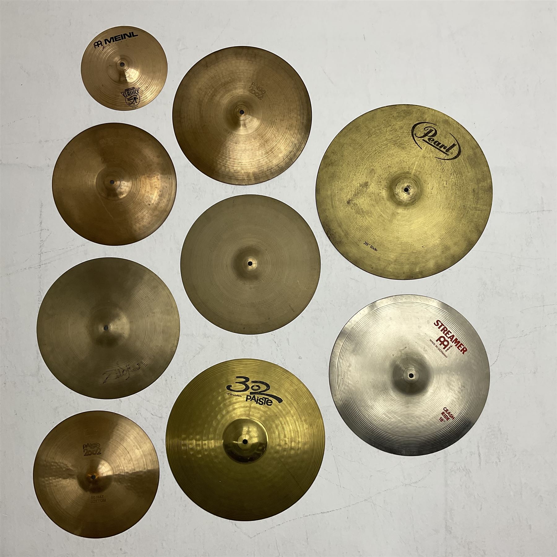 Graduated set of nine drum kit cymbals comprising Pearl 51cm (20