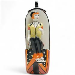 Lorna Bailey limited edition Deco lady figure, modelled as seated on covered pot, with geometric painted striped and spotted decoration, signed and numbered 12/50 to base, H25cm 