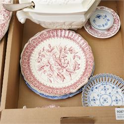 Large burgundy velvet table cover with gold fringe, together with a collection of mixed tableware including a Royal Worcester Crown Ware tureen, etc
