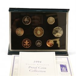 Great British and World coins, including six The Royal Mint United Kingdom proof coin collections, dated 1984, 1986, 1992, 1994, 1997, 1998 cased with certificates, 1990 '90th Birthday' silver proof crown, various pre 1947 silver coins, other pre-decimal coinage, Bhutan 1979 silver proof three ngultrum, Maria Theresa restrike silver thaler, two United States of America 1964 Kennedy half dollars etc and various banknotes with The Royal Bank of Scotland one pound 3rd January 1967, United States of America one dollar note series 1963 A etc