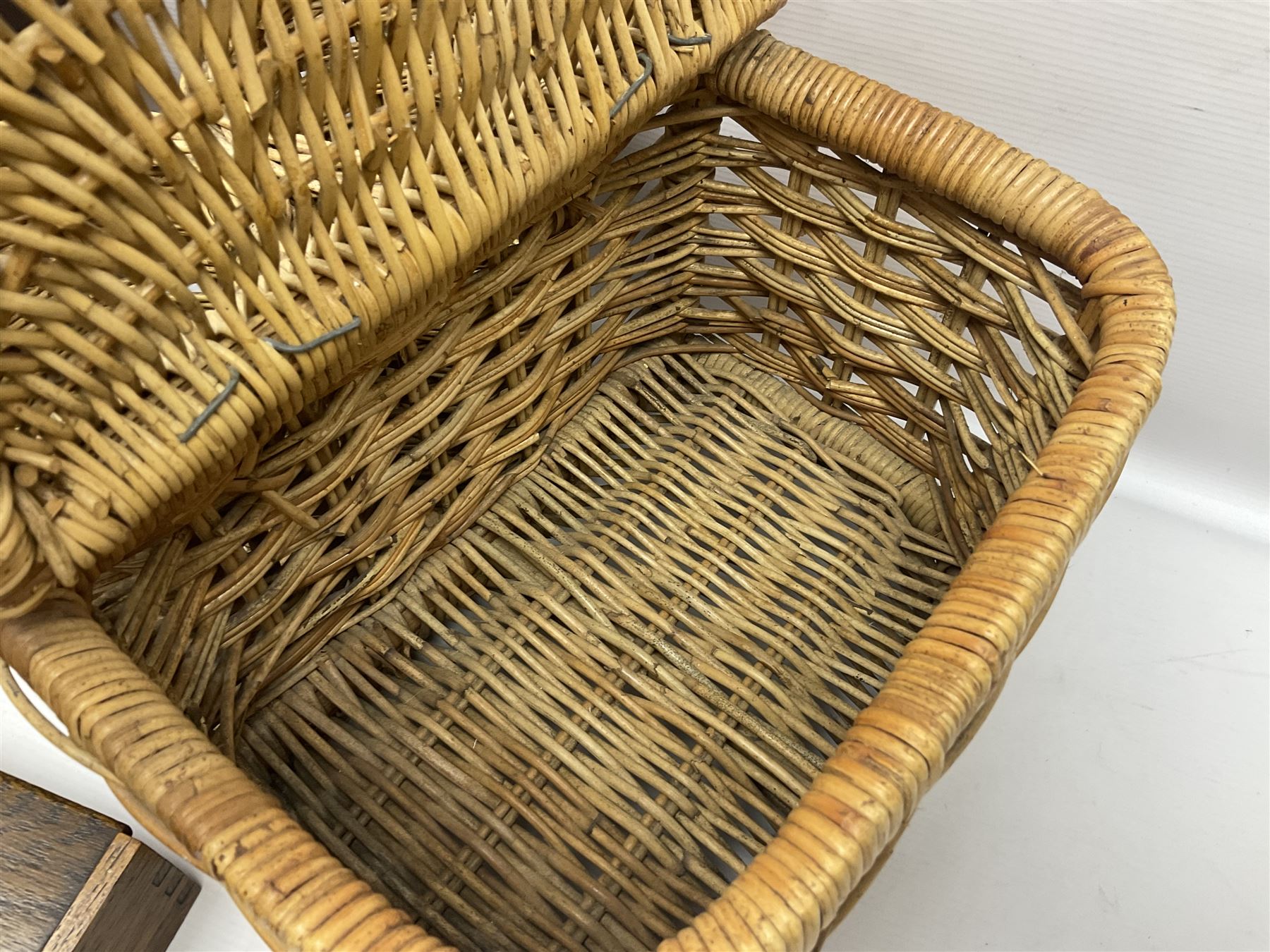 Early 20th century burr walnut tea caddy, Art Deco wooden box, wicker basket with bottle holders and a 1950s Stella radiogram