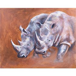 Continental School (Contemporary): Rhinos Elephants and a Zebra, set of three portraits unsigned, max 60cm x 76cm (two unframed)