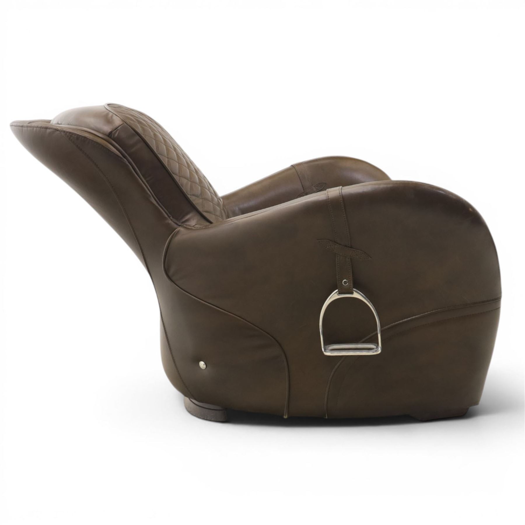 Timothy Oulton - saddle chair and stool upholstered in chocolate brown leather, with reclined back with diamond quilted cushions, stirrups upholstered to the sides  