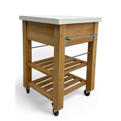 Contemporary butchers block kitchen trolley, white square top over beech frame, single pull-out drawer, dual slatted shelves, chrome towel rails, raised on square supports with castors