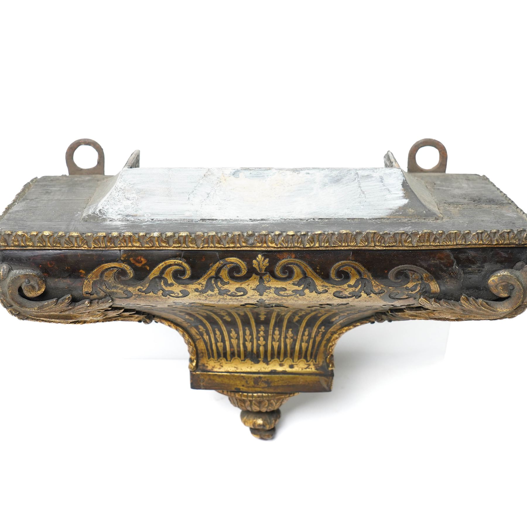 19th century Louis XV style Boulle clock bracket, with tortoiseshell, cut brass and gilt metal mounts, all-over classical decoration, including acanthus leaves, swags and scrolling motifs, W32cm H22cm 
Provenance: property of a Nobleman