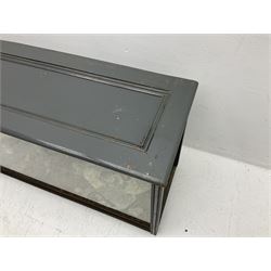 Taxidermy: 19th century cased display Red Fox (Vulpes vulpes) with pray, weasels (Mustela), Great Crested Grebe (Podiceps cristatus), and other birds in a naturalistic setting against a painted backboard, encased within an ebonised three pane display case, H56cm D38cm W113cm