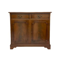 Reproduction mahogany side cabinet, moulded rectangular top over two drawers and double cupboard, bracket feet