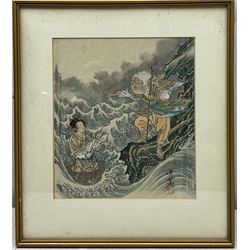 Japanese School (20th Century): Bust Beside a Window, watercolour bearing inscription, together with two woodblock prints, one with 'Blessing' script and the other depicting a mythical scene, max 33cm x 33cm (2)