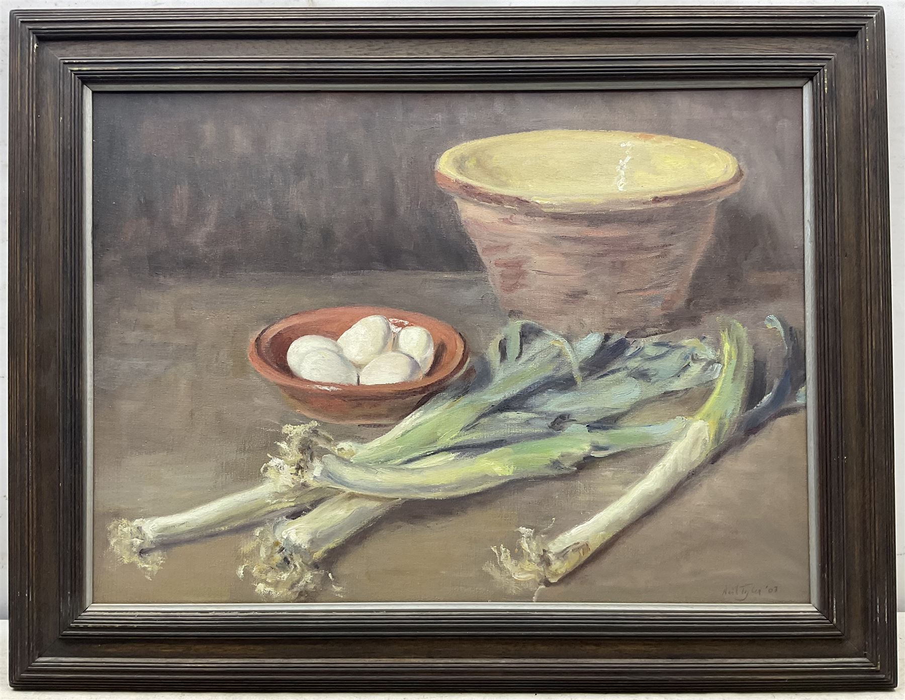 Neil Tyler (British 1945-): Still Life 'Leeks and Eggs', oil on canvas signed and dated '03, 46cm x 64cm
Provenance: exh. Chelsea Art Society, label verso
