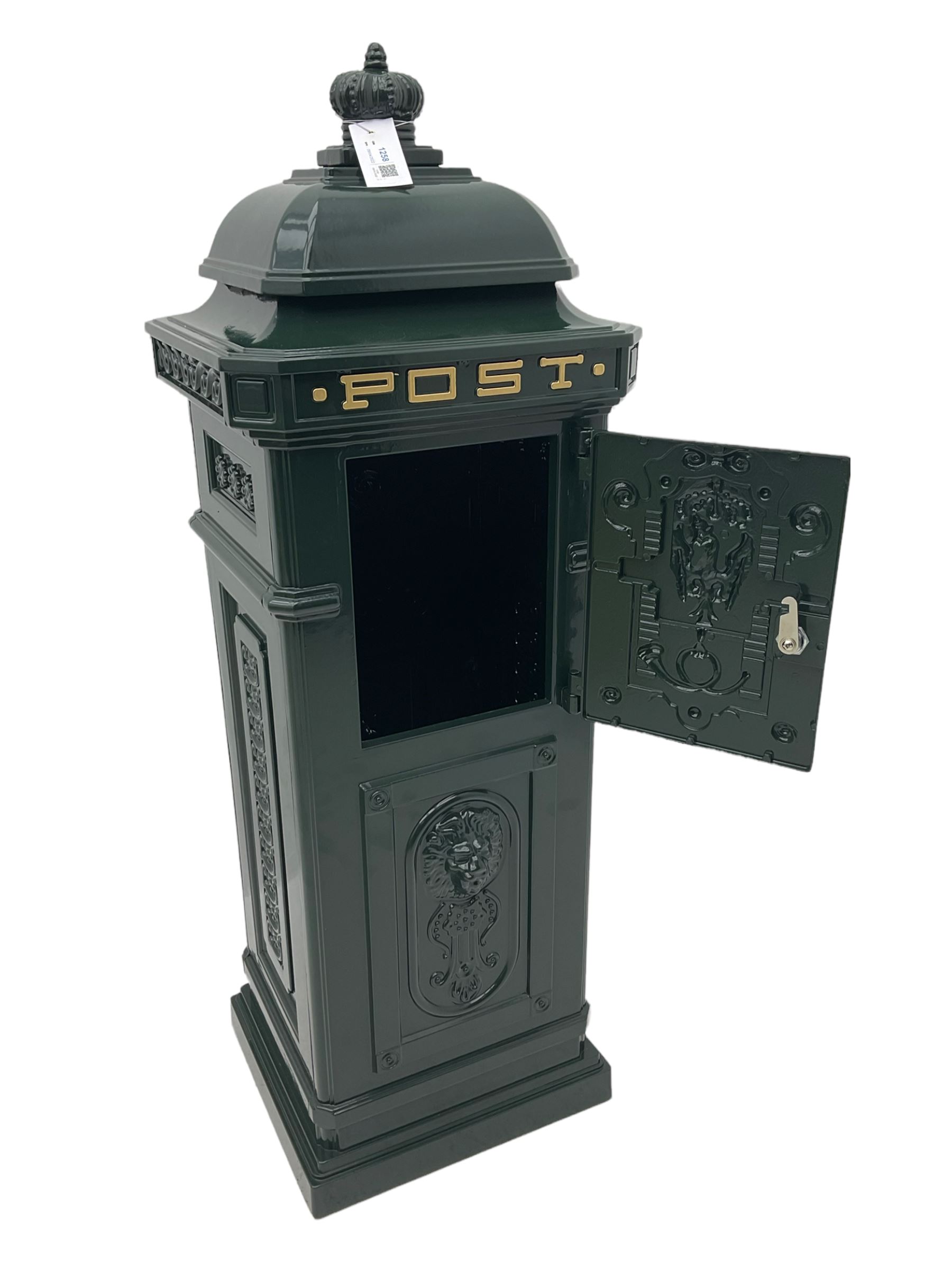 Victorian style cast aluminium green painted post / mail box, with keys
