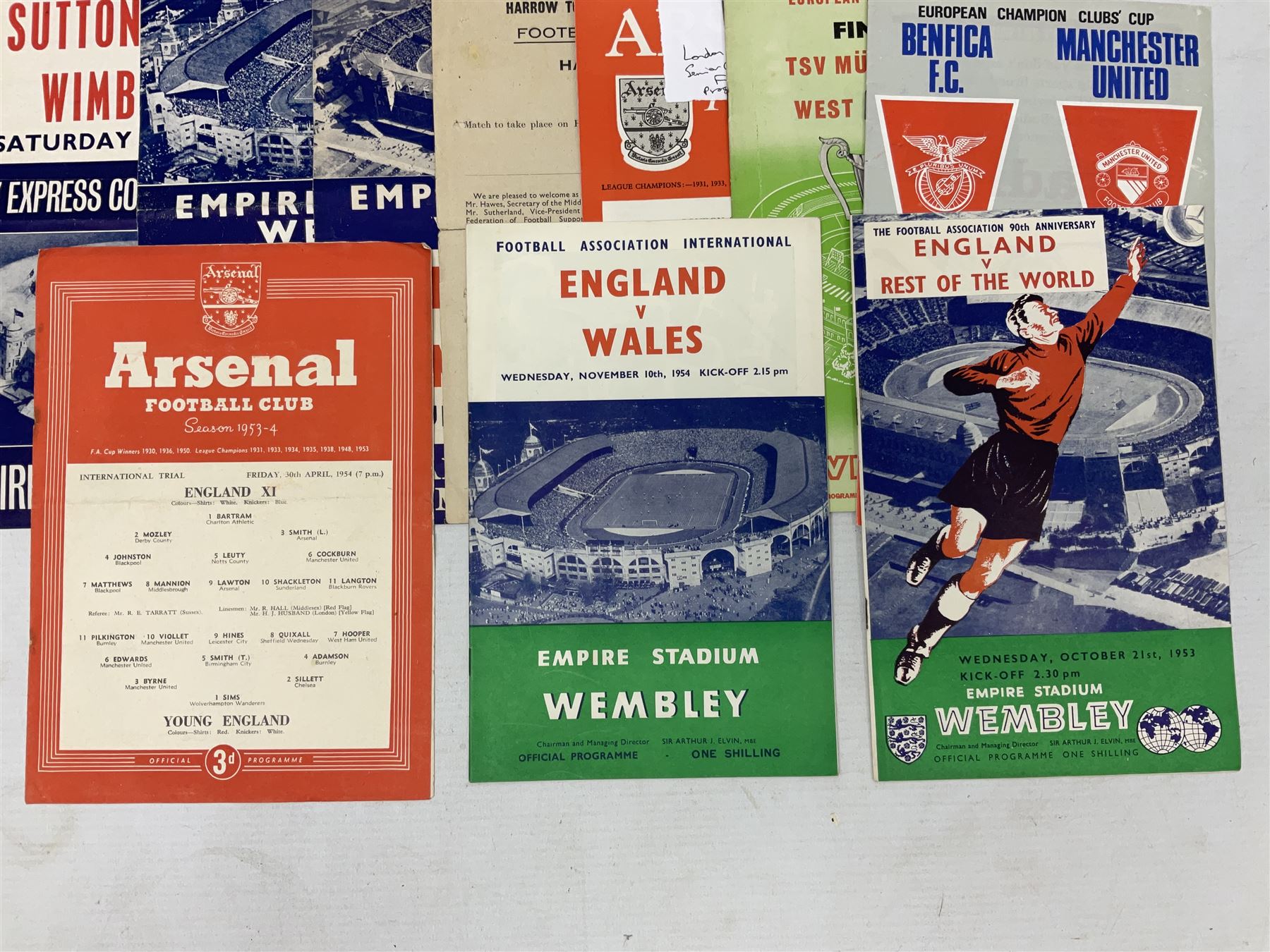 Football programmes - thirteen various England and England Youth matches 1953-77; European Cup Winners Cup Final May 19th 1965 TSV Munchen 1860 v West Ham; European Champions Club Cup Final May 29th 1968 Benfica (1) v Manchester United (4), the famous Bobby Charlton final; seven Wealdstone F.C. 1950-66 including London Senior Charity Cup Final May 10th 1952; Harrow Town Football Challenge Cup April 14th 1948; and eight F.A. Amateur Cup Finals and Semi-Finals plus three song sheets 1956-68 (34)